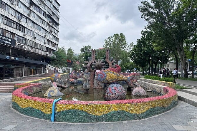 Bishkek Street Murals , Mosaics Arts and Kyrgyz Nomadic History - The Sunny Fish Fountain and Aisuluu Tynybekova